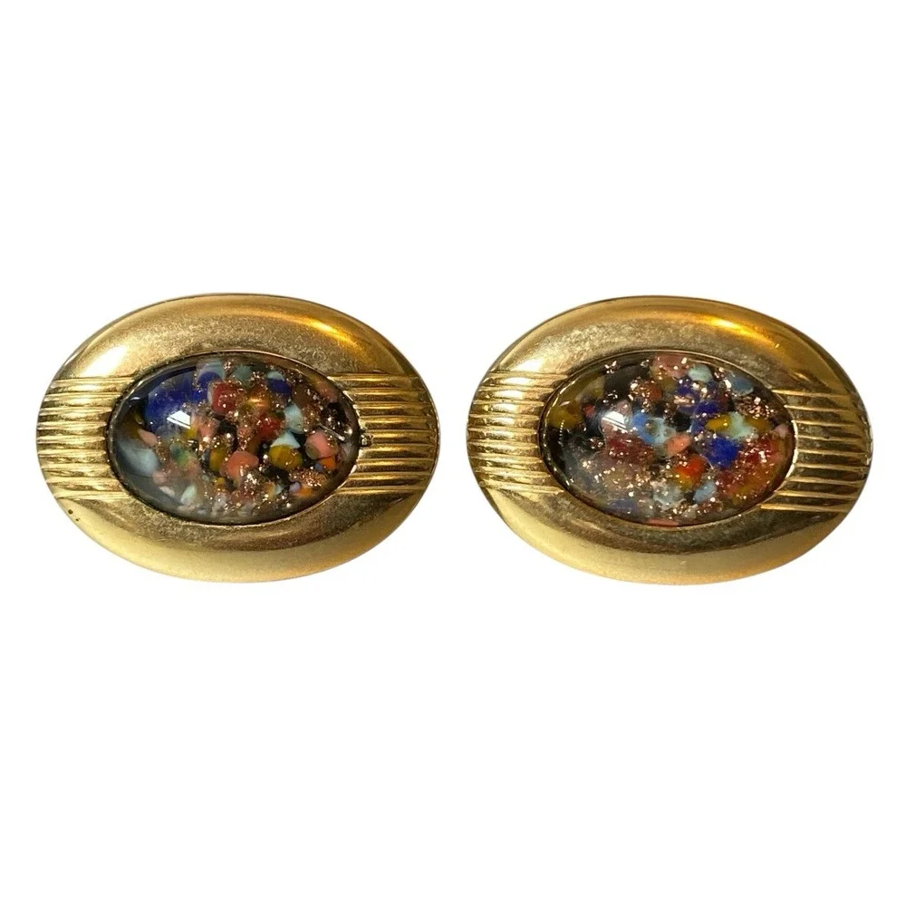 Vintage Anson Men Confetti Glitter Under Glass CUFFLINKS Gold Tone Oval
